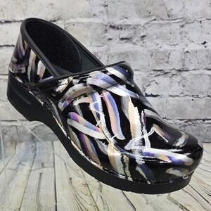 Dansko Professional Black Multi Brushstroke Patent Leather Clogs Size 41 10.5-11